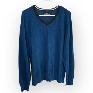 Large American Eagle Outfitters Blue V-Neck Sweater with Striped Trim